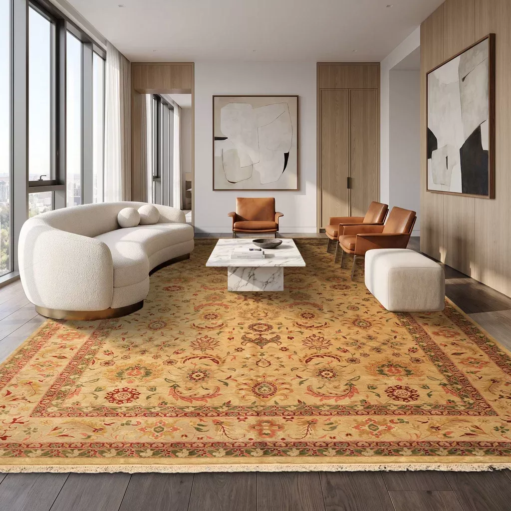 10'11''x18'6'' Hand Knotted Wool Beige, Moss Oushak Transitional Floral Rug