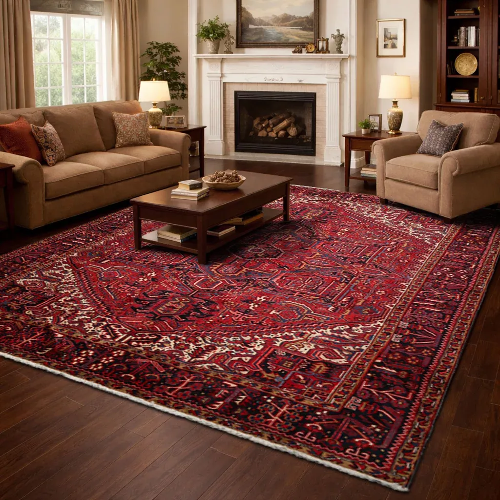 10'4''x12'1'' Hand Knotted Wool Red Heriz Traditional Rug