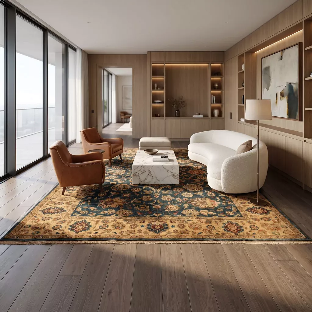 10'7''x13'10'' Hand Knotted New Zealand Wool Teal, Beige Agra Traditional Botanical Gold Wash Rug