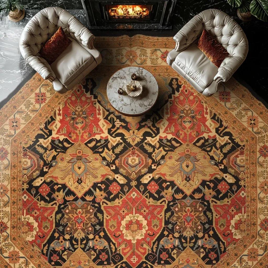 11'1''x11'1'' Octagon Hand Knotted Wool Black, Ivory Soumak Traditional Arts & Crafts Super Rare Octagonal Reversible Sourak Rug