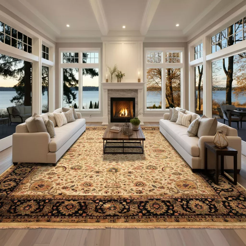 11'10''x14'10'' Hand Knotted New Zealand Wool Beige, Black Agra Traditional High Sheen Rug