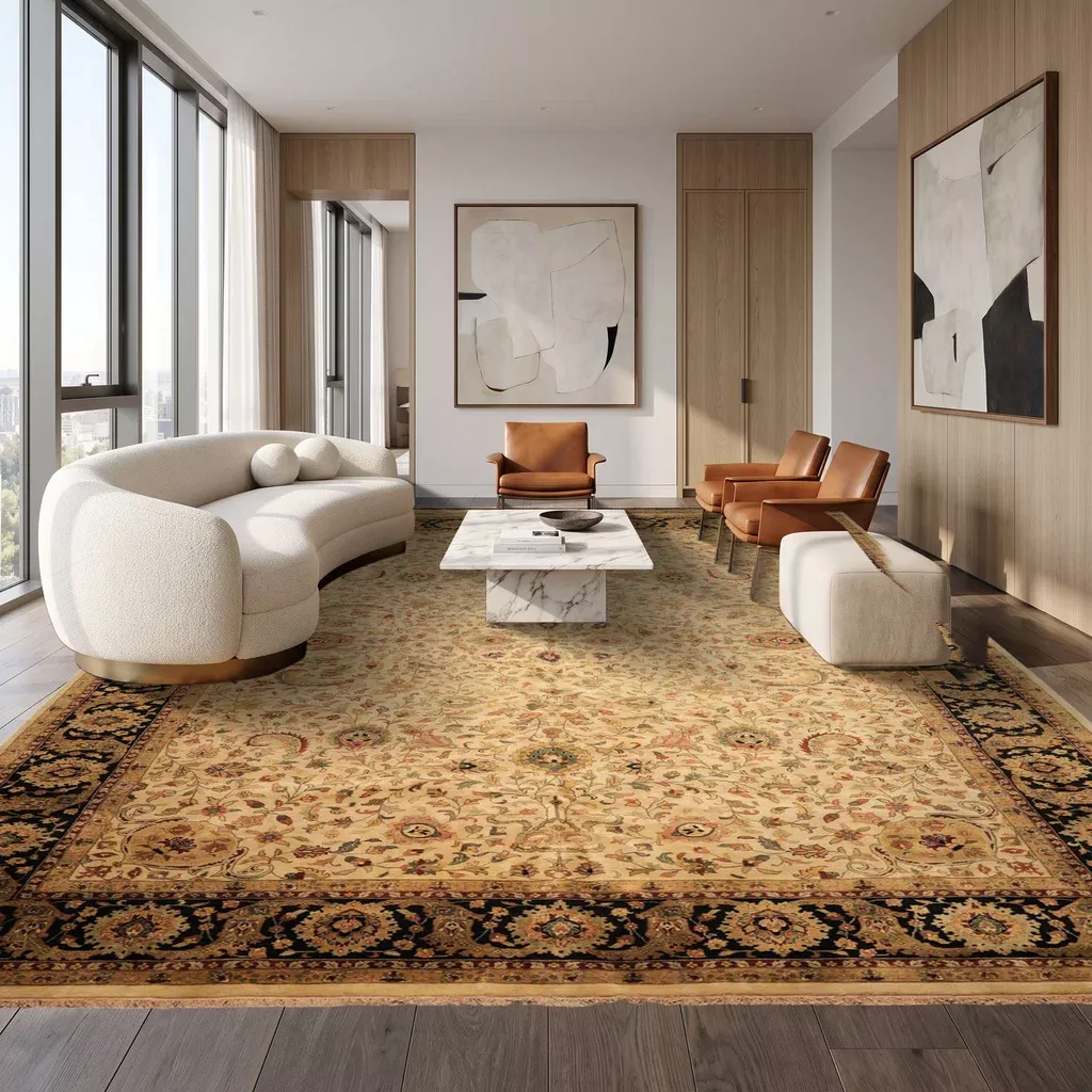 11'11''x17'9'' Hand Knotted New Zealand Wool Beige, Black Agra Traditional Botanical Rug