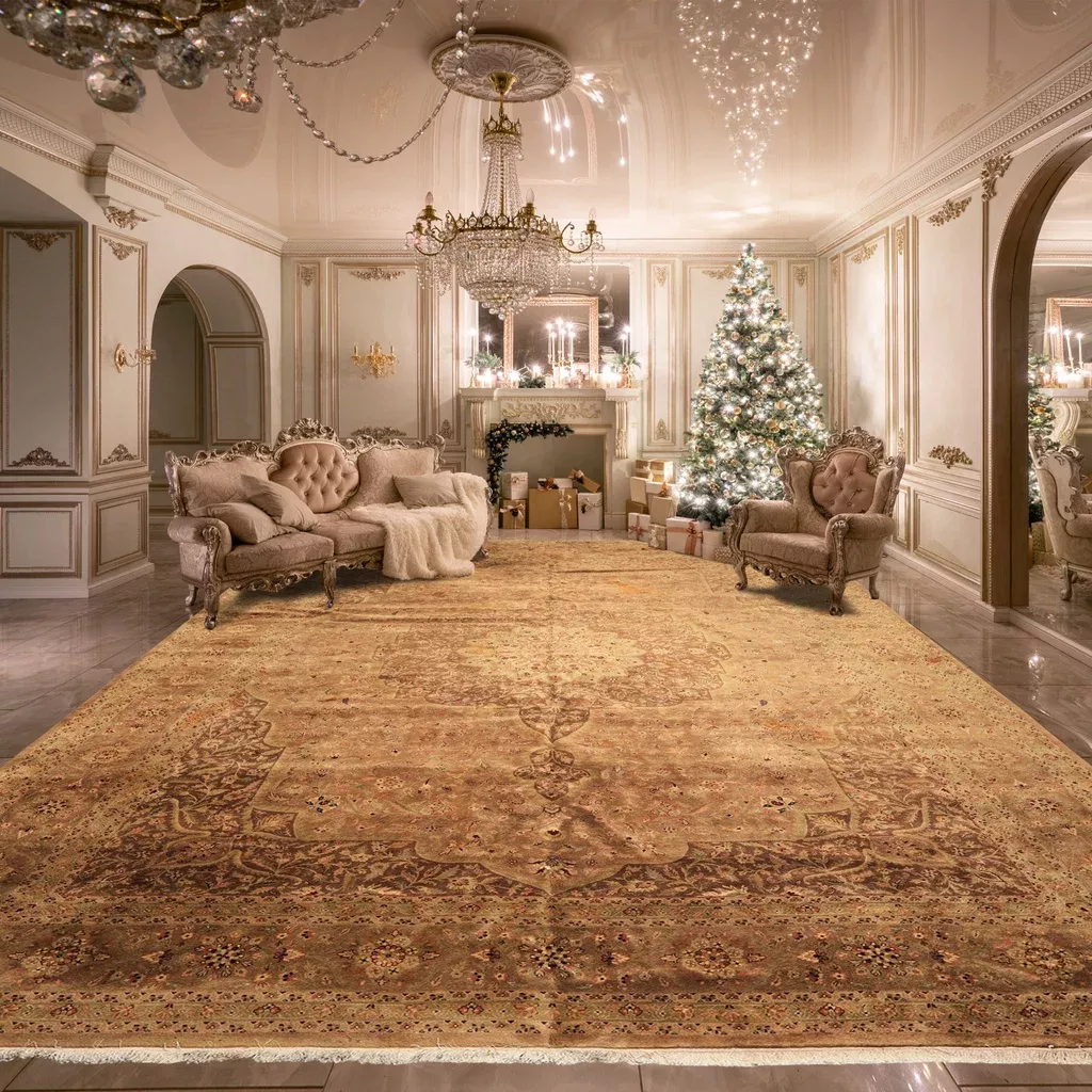 11'4''x15'9'' Hand Knotted Wool Tan, Sage Indo Persian Transitional 350 KPSI Rug