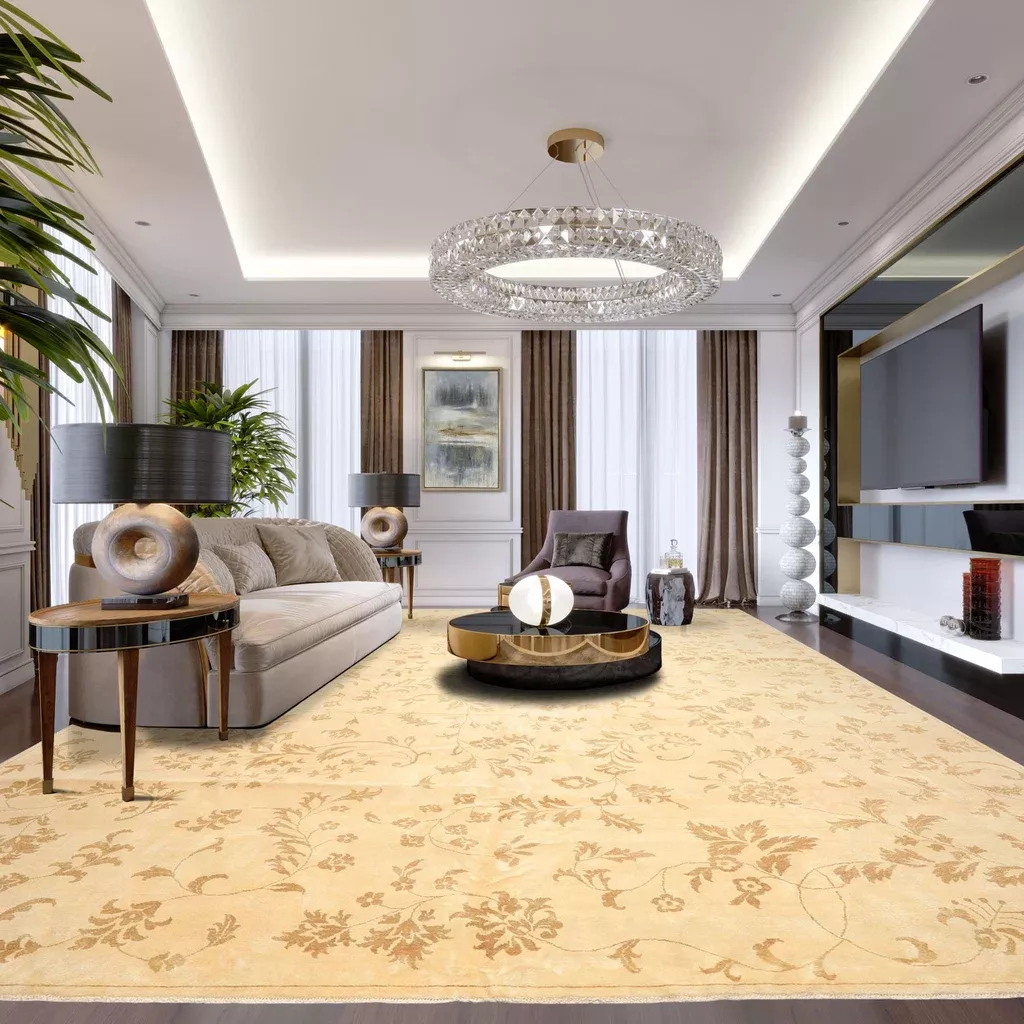 12x14'9'' Hand Knotted Wool Ivory, Khaki Indo Tibetan Transitional Botanical Rug