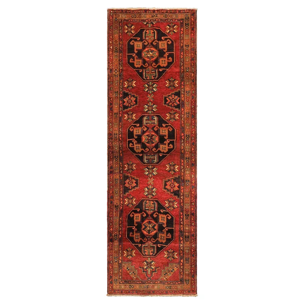 3'9''x11'6'' Hand Knotted Wool Rust Gold Kurdish Hamadan Traditional Geometric Tribal Vintage Vegetable dyes Rug