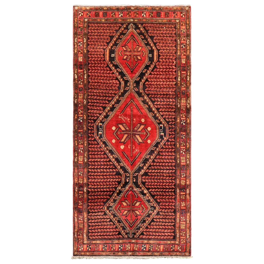 4'10''x10'3'' Hand Knotted Wool Red Charcoal Hamadan Traditional Medallion Vintage Vegetable dyes Rug