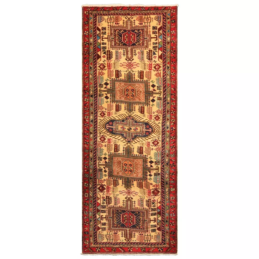 4x10'4'' Hand Knotted Wool Light Gold Coral Kurdish Hamadan Traditional Geometric Tribal Vintage Vegetable dyes Rug