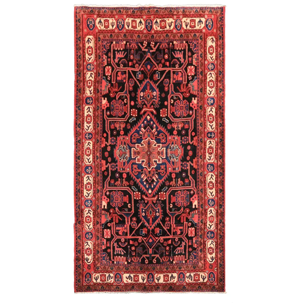 5'1''x9'10'' Hand Knotted Wool Black Red Heriz Traditional Pictorial Geometric Vegetable dyes Rug