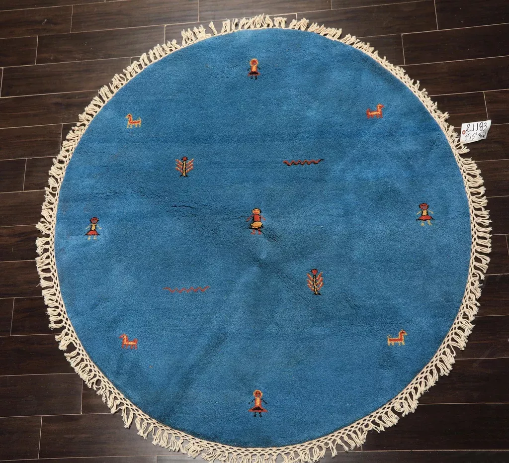 5'5''x5'5'' Round Hand Knotted Wool Aqua Gold Gabbeh Modern & Contemporary Pictorial Plush Pile Rug