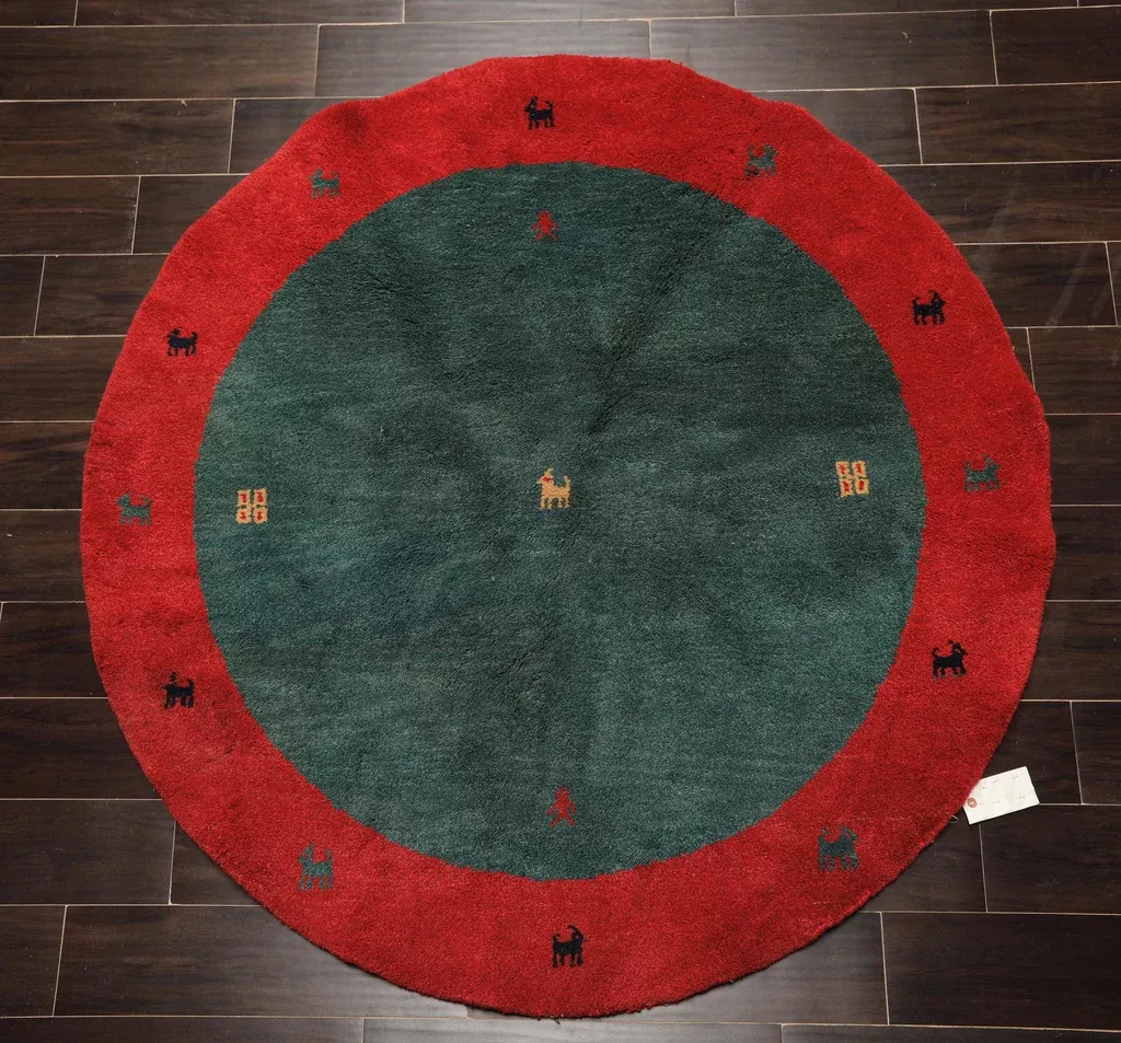 5x5 Round Hand Knotted Wool Green Red Gabbeh Modern & Contemporary Pictorial Plush Pile Rug