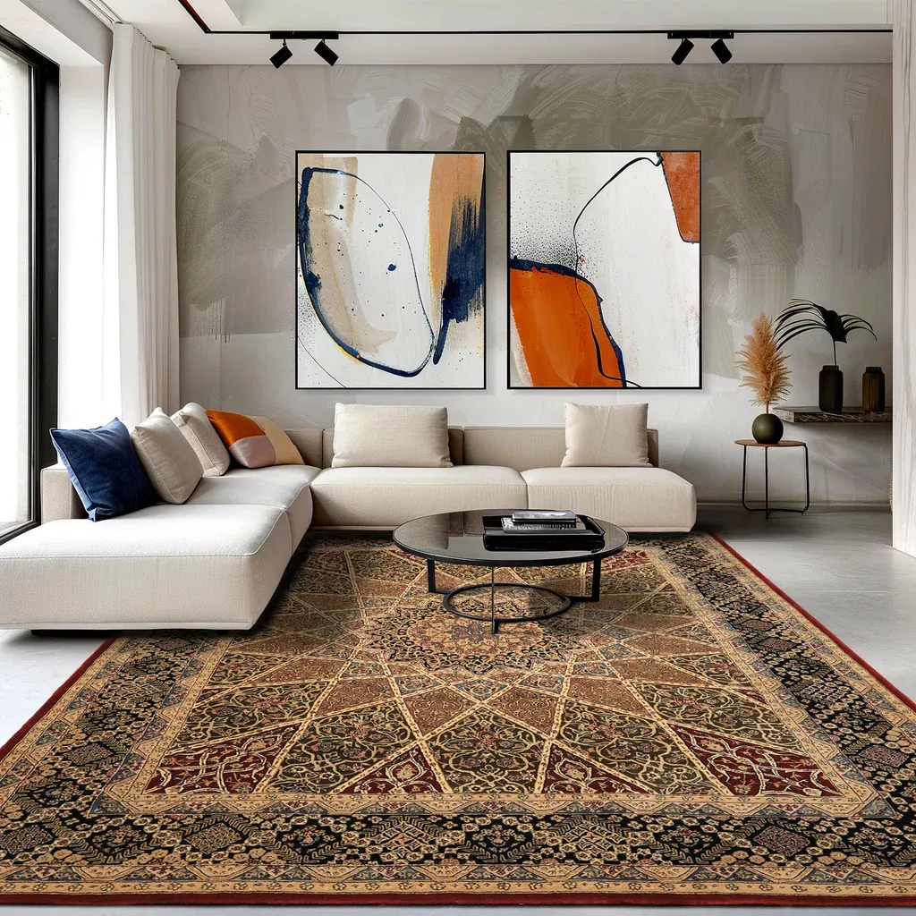 7'9''x9'9'' Hand tufted Wool & Pure Silk Ivory, Brown Mamluk Design Traditional Geometric Plush Pile Extreme dense pile Nourison Rug