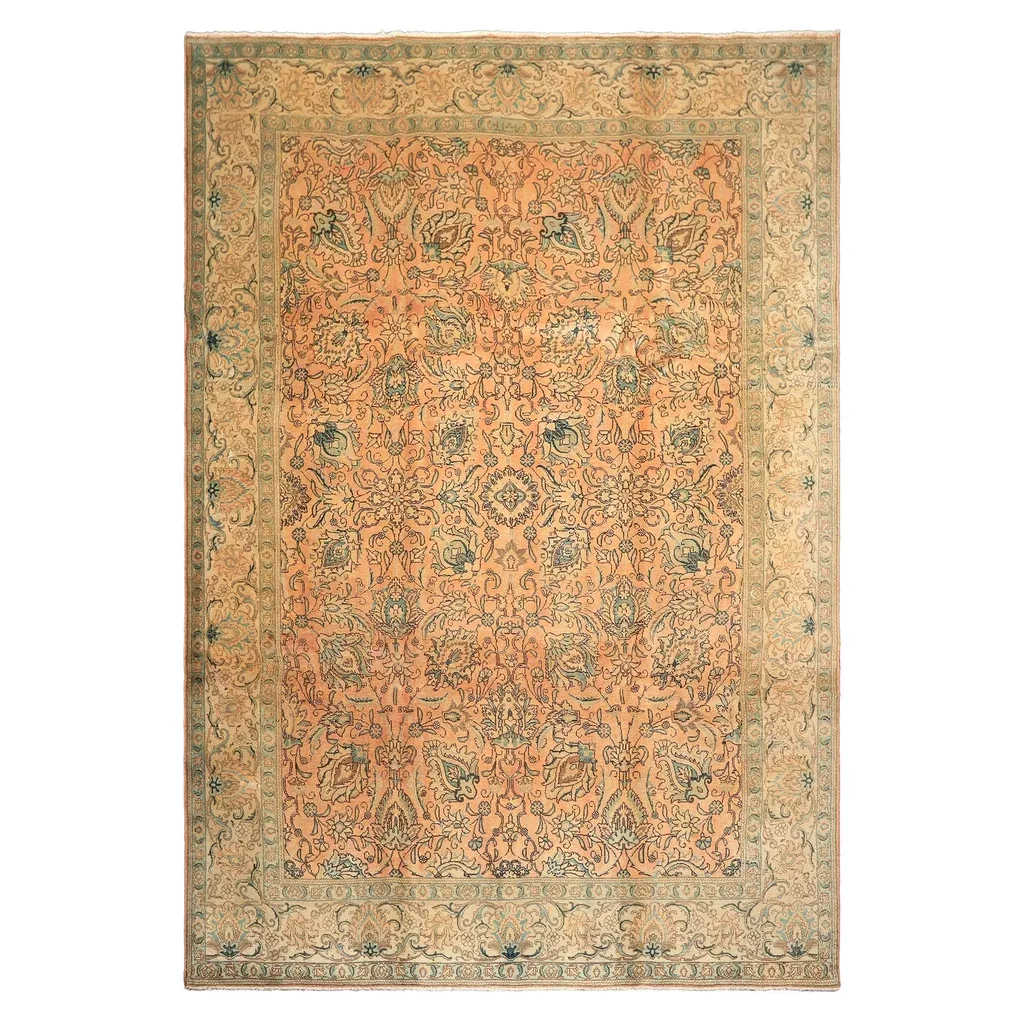 9'6''x13'3'' Hand Knotted Wool Peach Beige Tabriz Traditional Floral Vegetable dyes Antique Rug