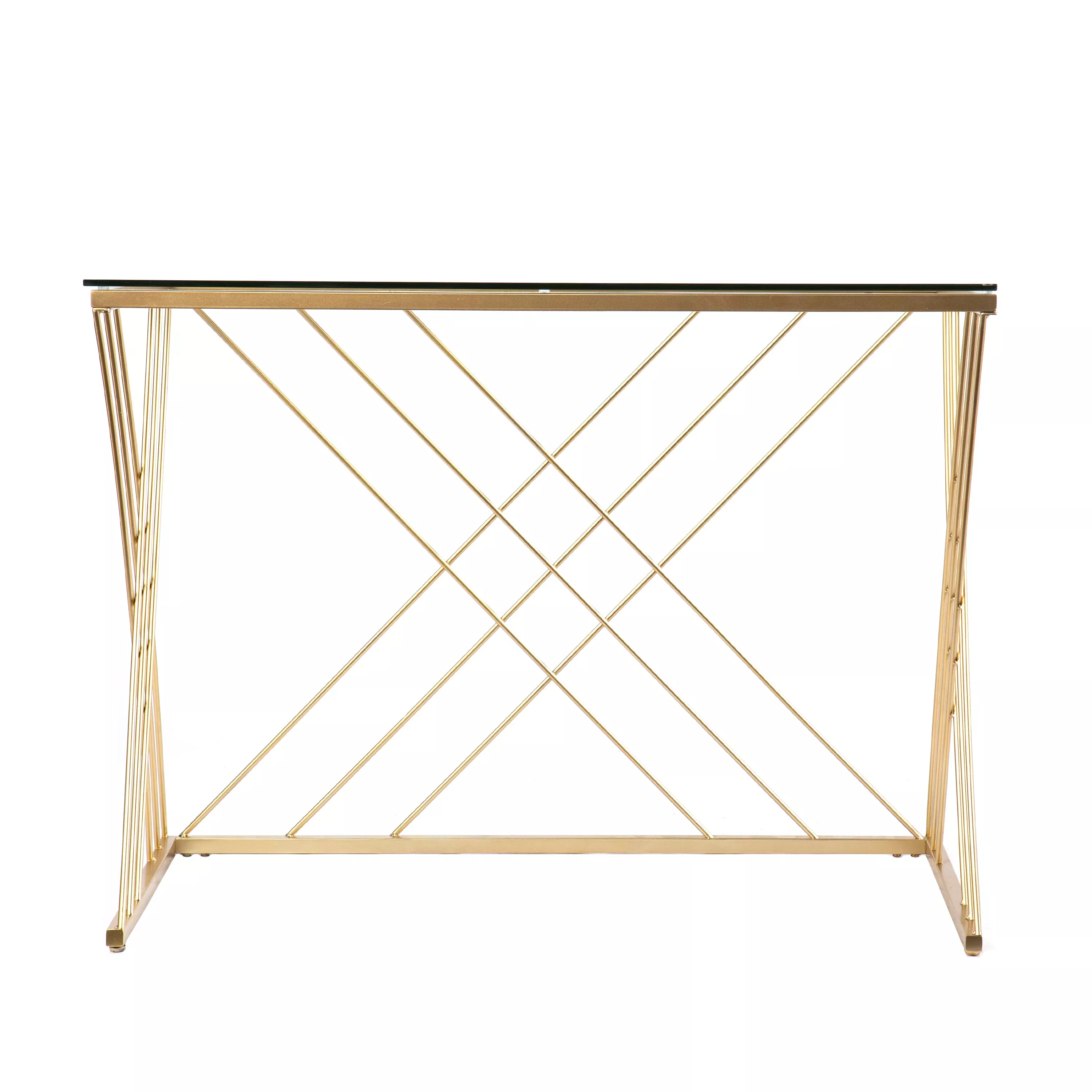 Dezby Modern Glass-Top Desk - Stylish Crisscross Metal Base, Spacious Surface for Home Office Use