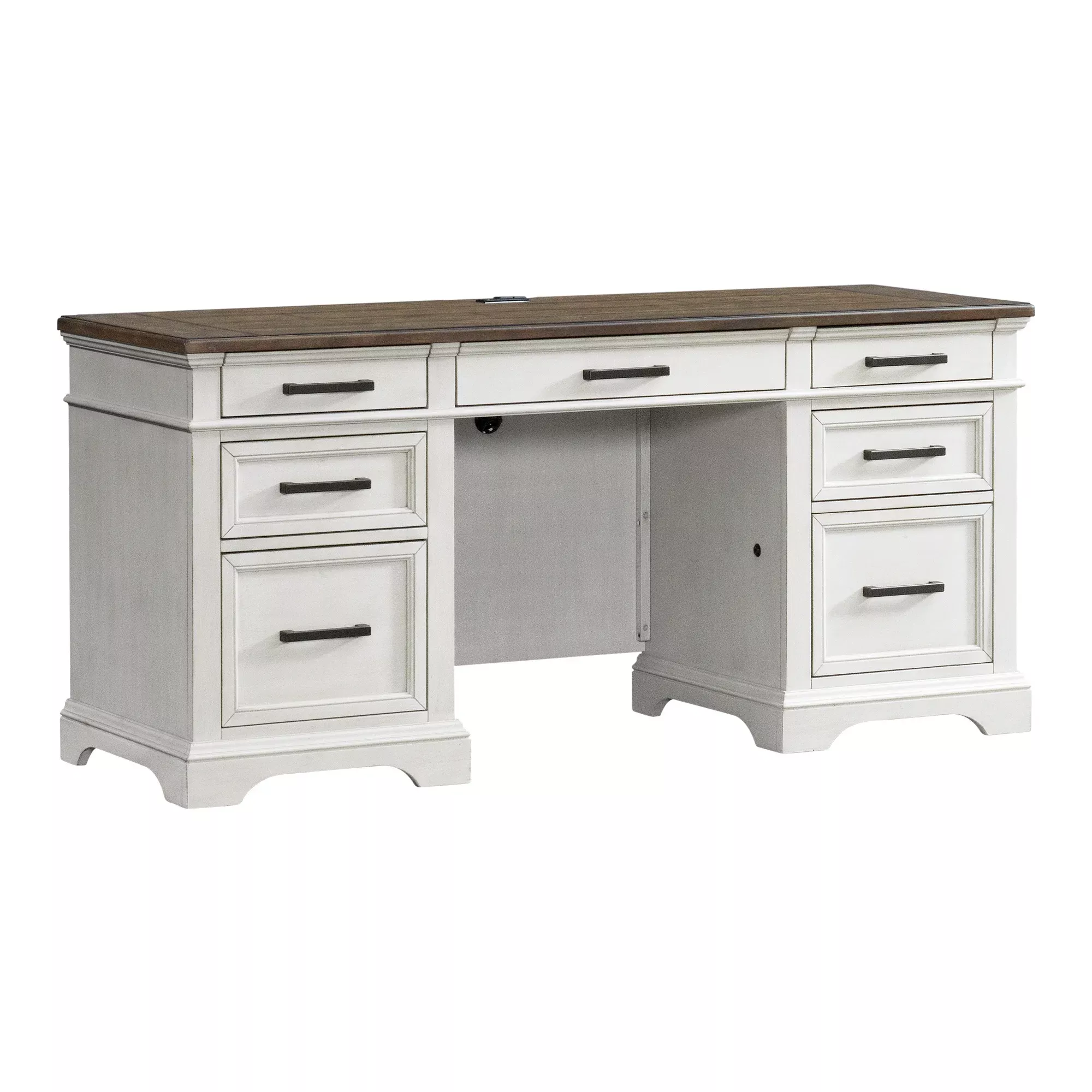 Drake French Farmhouse Executive Desk - Rustic White & Oak, 4 Utility Drawers, Locking File Storage